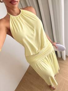 Slaydiva New Early Spring, Spring And Summer Music Festival, Valentine's Day, Easter, Bohemian Style, Nomadic Style, Casual, Simple And Basic, Cruise Party, Birthday Party, Daily Date, Casual Vacation, Elegant Commuting, Round Neck, Halter, Tie, Large Backless, Pleated Design, A Skirt, Light Yellow Dress, Slim Dress, Long Dress, Net Fabric, Long Dress For Women -B - Light Yellow - View 7