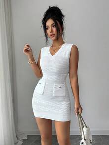 Balvessa Vestido ajustado de Body con cuello en V sin mangas, con bolsillos con botones metálicos y textura elegante de suéter - Blanco - Ver 7