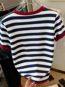 Resyla Women's Striped Lobster Print Round Neck Short Sleeve T-Shirt - Multicolor - View 2