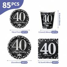 Bộ đồ dùng tiệc sinh nhật lần thứ 40 nền đen lấp lánh, gồm đĩa, khăn ăn và cốc, phục vụ 20 khách. Bộ đồ dùng tiệc dùng một lần này (bao gồm đĩa, khăn ăn và cốc) rất phù hợp cho các bữa tiệc sinh nhật, đám cưới và dã ngoại gia đình. - Xem 2