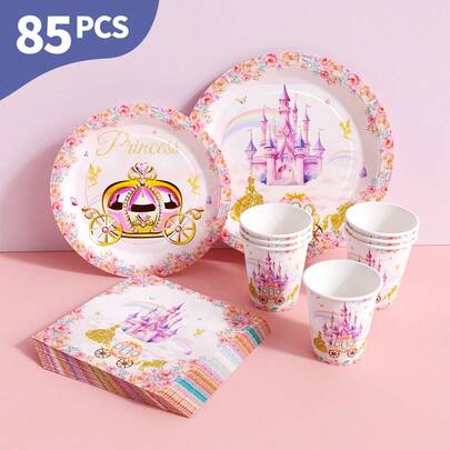 Pink Base Castle Disposable Plates, Napkins And Cups Set, Serves 20 Guests. This Disposable Party Supplies Set (Including Plates, Napkins And Cups) Is Perfect For Birthday Parties, Weddings And Family Picnics.