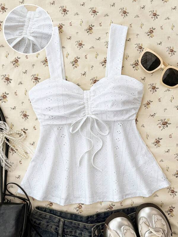 SHEIN Genç Kızlar İçin Örgü Dokulu Büzgülü Göğüs Detaylı Günlük Askılı Bluz