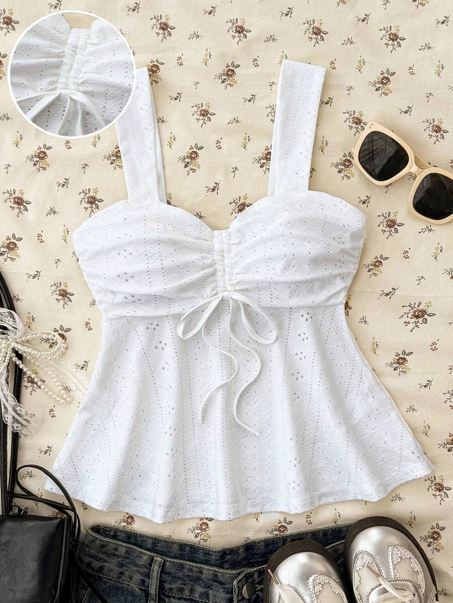 SHEIN Camiseta sin mangas casual con textura de punto y busto fruncido para adolescentes - Blanco - Ver 1