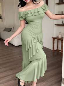 Feyla Casual Ruffled Hem Long Dress For Women - Green - View 4