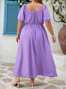 SHEIN CURVE+ Curve 加大码 US22 音乐节、海滨度假、波西米亚风 CURVE PLUS // 女士紫色短袖休闲抽绳腰身优雅连衣裙，适合婚礼宾客、春夏穿着。这款紫色连衣裙优雅迷人，适合日常、外出、约会、下午茶、度假等各种场合。浪漫甜美连衣裙 - 紫色 - 查看 2
