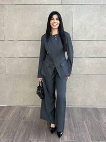 Hitanina 女士优雅通勤日常百搭街头时尚新款不对称翻领纽扣腰长袖西装外套和高腰长裤卡其灰色 2 件套西装套装 - 深灰色 - 查看 1