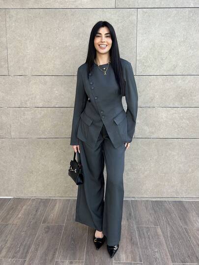 Hitanina 女士优雅通勤日常百搭街头时尚新款不对称翻领纽扣腰长袖西装外套和高腰长裤卡其灰色 2 件套西装套装