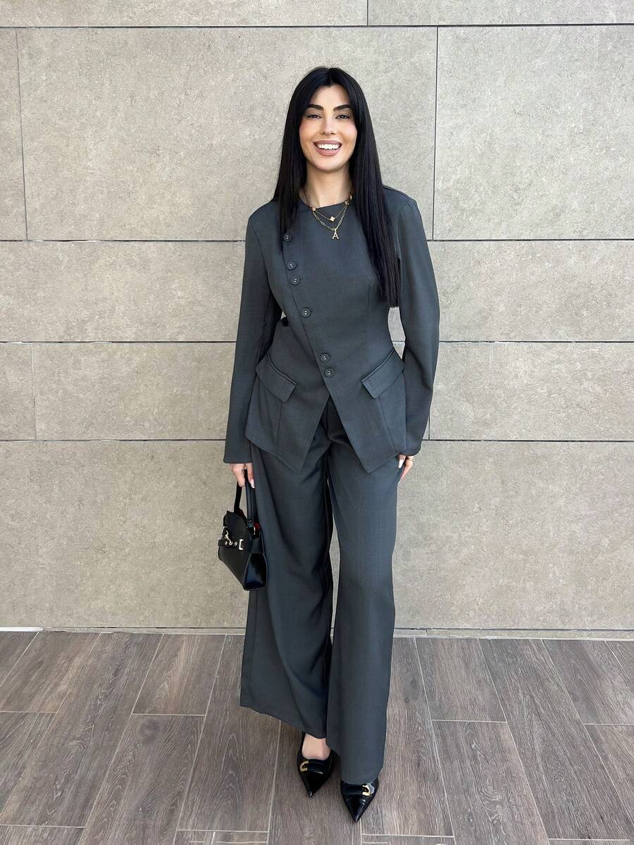 Hitanina 女士优雅通勤日常百搭街头时尚新款不对称翻领纽扣腰长袖西装外套和高腰长裤卡其灰色 2 件套西装套装 - 深灰色 - 查看 1