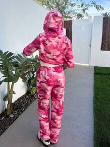 Hitanina 2pcs Women Camouflage Print Hooded Zip-Up Long Sleeve Top And Drawstring Waist Sweatpants Set - Multicolor - View 2