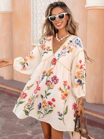 Selianne Women's Elegant Fashion Commuter Casual Comfortable Charming Retro Minimalist High-End Romantic Holiday Loose V-Neck Mid-Length Floral Print Dress With Bubble Sleeves, Gold Ribbon Trim