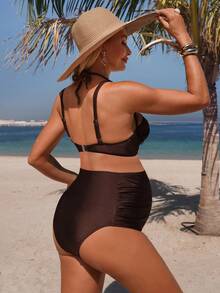 SHEIN Set Bikini Modis Berwarna Polos dengan Detail Kerut untuk Ibu Hamil, Cocok untuk Liburan di Pantai - MultiWarna - View 2