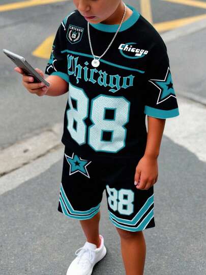 SHEIN 2pcs Tween Boy Casual Classic Cool Baseball Sports Style, No.88, Gothic Chicago Text, Star Print Short Sleeve Crew Neck T-Shirt And Shorts Set, Suitable For Summer