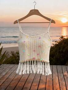 GlowEve Elegant Sequin Fringe Sleeveless Women Knit Vest, Spring/Summer - Khaki - View 1