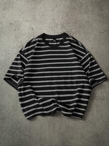 PAVTROS 男士休闲条纹短款宽松T恤 - 黑與白 - 查看 3