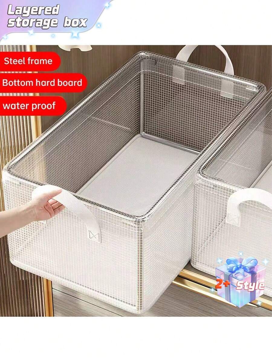 Kotak Penyimpanan Pakaian, Wadah Penyimpanan Bertingkat Transparan PVC untuk Lemari Pakaian, Keranjang Penyimpanan dengan Rangka Baja - Putih - View 1