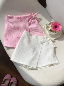2件套女婴时尚编织粉色蝴蝶结条纹白色纹理刺绣面料休闲短裤套装，适合度假；女婴撞色条纹纸袋腰短裤，带蝴蝶结装饰，适合夏季派对；2件套女婴裙子，女婴夏季服装裙装。 - 彩色 - 查看 6