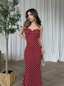 Jemour Spring/Summer Black & White Polka Dot Sexy Backless Spaghetti Strap Dress For Women - Red - View 6