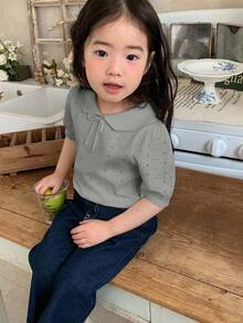 DAZY Áo thun tay ngắn cổ nơ họa tiết dành cho bé gái, kiểu Hàn Quốc, thời trang mùa hè. - Màu xanh lam - Xem 5