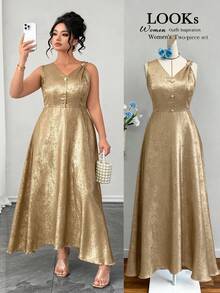 Elenzga Women's Elegant V-Neck Gold Satin Sleeveless Long Dress,Plus Size Glitter Evening Gown,Summer Wedding Guest Gala Formal Dress,Spring Vacation Dress - Gold - View 3