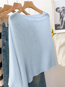 GlowEve Women's Casual Loose Vacation Style White Shawl Poncho Sweater, Suitable For Spring/Summer - Baby Blue - View 2