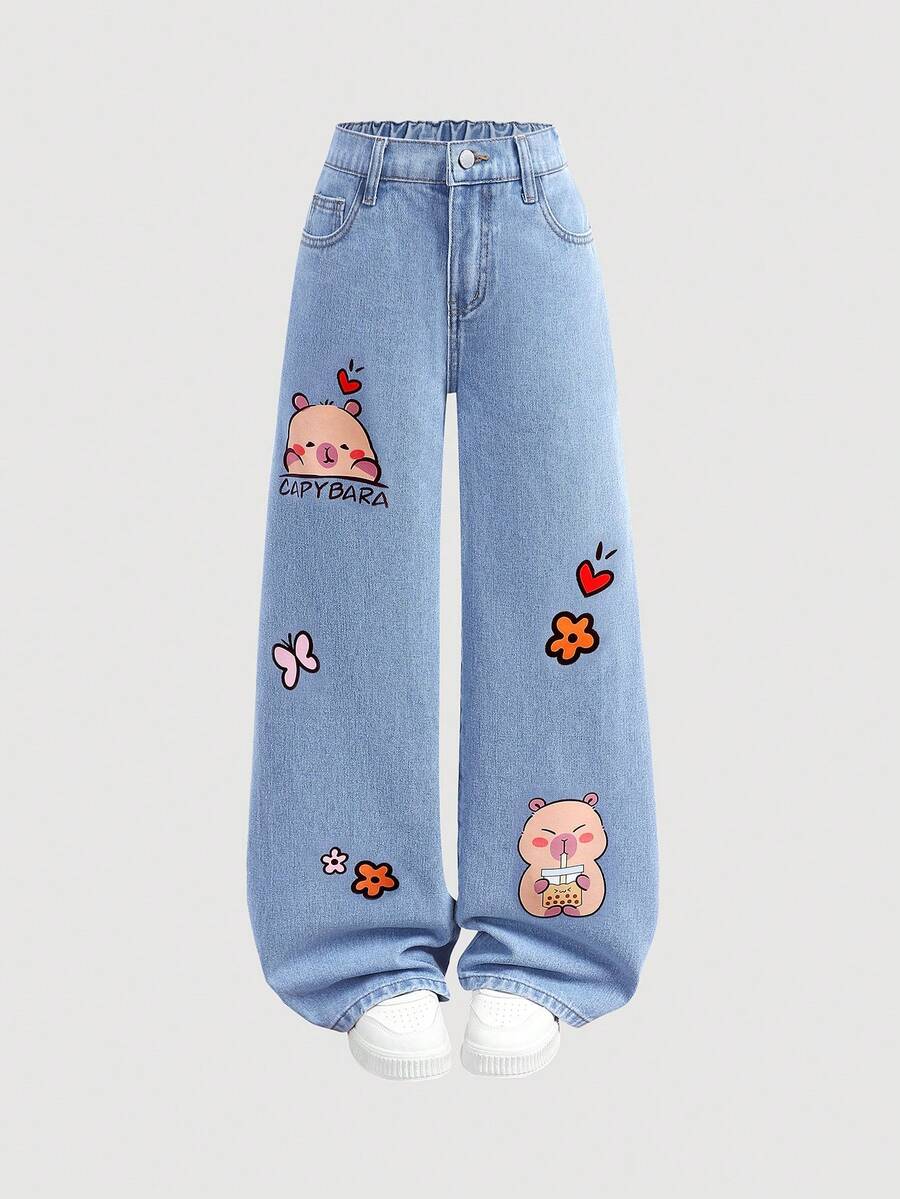 Girlism 女童可爱卡通水豚印花宽松蓝色牛仔裤 - 淺色水洗藍 - 查看 1