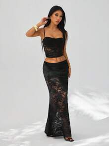 SHEIN PETITE Sexy Solid Black Sheer Lace Camisole Top & Low-Waisted Skirt Two Pieces Set For Spring/Summer, Elegant Skirt, Party Dress, Wedding Guest Attire, Brunch Dress, Spring/Summer Black Lace Skirt. - Black - View 5