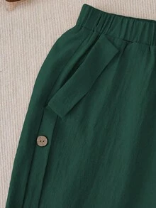 EMERY ROSE Women's Solid Color Elastic Waist Slant Pocket Button Decor Pants - Dark Green - View 4