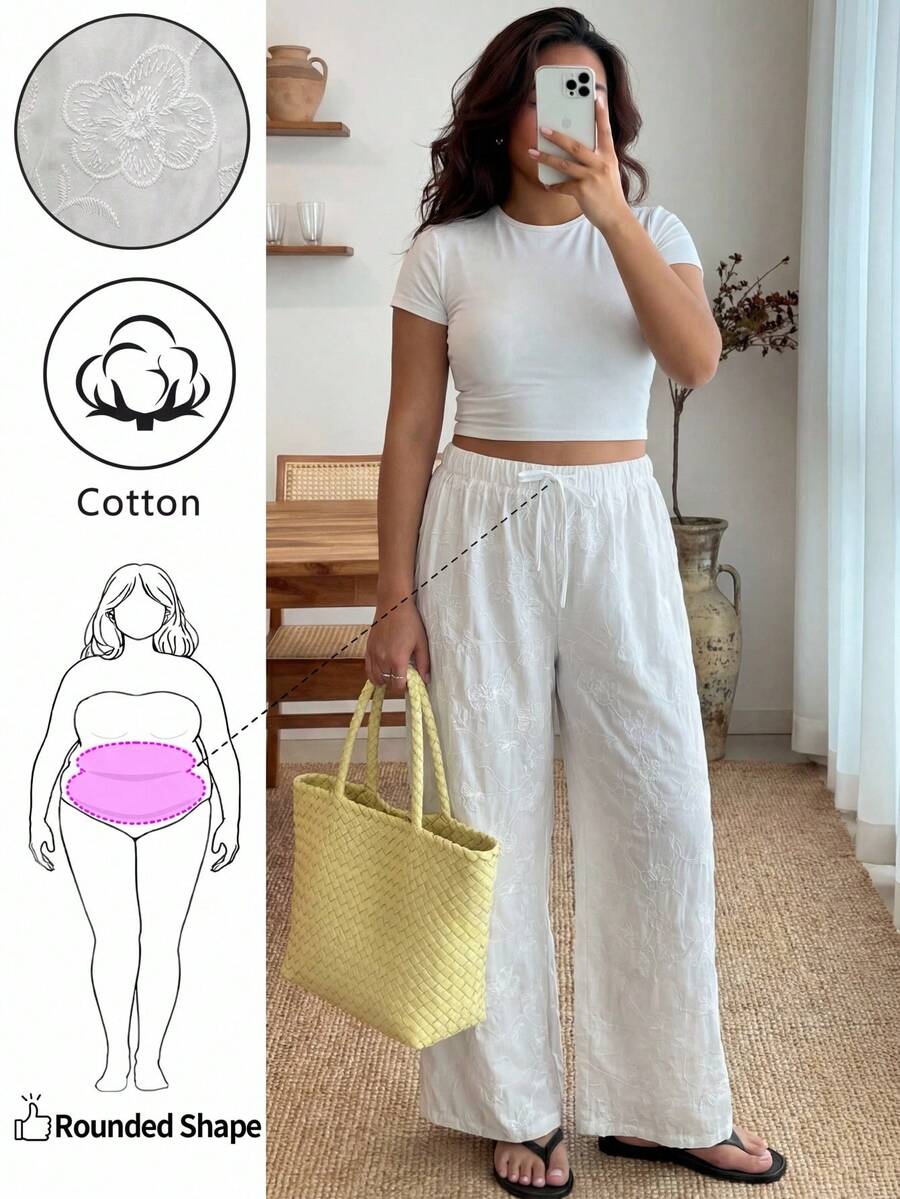 Enliva Plus Size Women White Embroidered Knotted Casual Pants, For Apple And Rounded Body Shape, For Summer - White - View 1