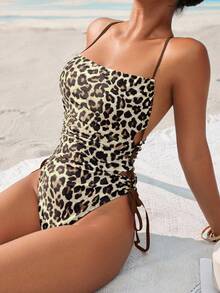 Swim Vcay 女士性感豹纹系带露背连体泳衣，休闲百搭，适合春夏海滩派对，棕红色 - 咖啡棕 - 查看 6