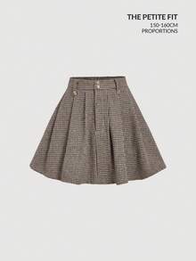 SHEIN MOD Petite Fit For The 150-160cm,Plaid Skirt With Metal Buttons – Vintage College And 70s Style, Perfect For School Look, Commuting, And Office Wear Petite Perfect, Women's Casual & Office Houndstooth Pattern Skirt Mini Skirts Women's Skirts Checkered Skirt Wool Skirt Pleated Skirt - Khaki - View 1