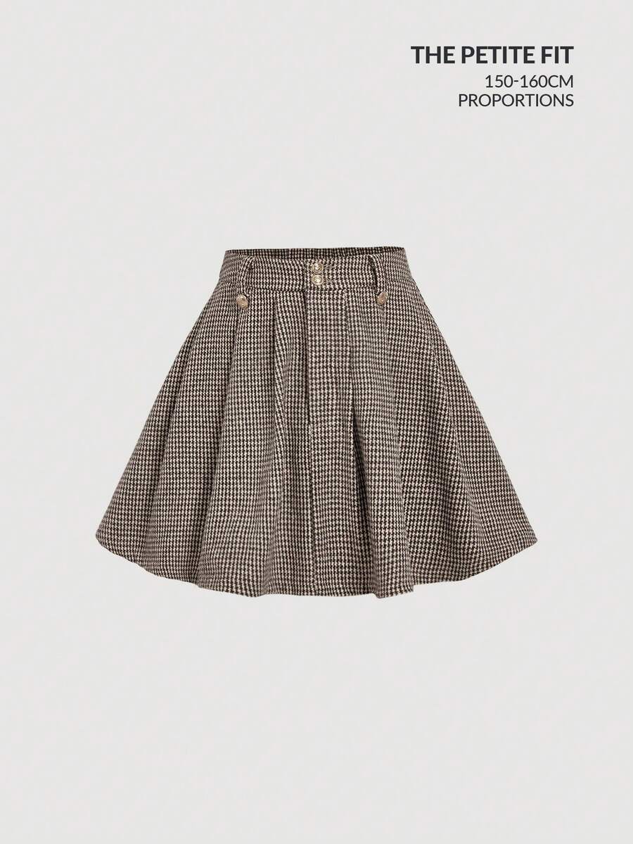 SHEIN MOD Petite Fit For The 150-160cm,Plaid Skirt With Metal Buttons – Vintage College And 70s Style, Perfect For School Look, Commuting, And Office Wear Petite Perfect, Women's Casual & Office Houndstooth Pattern Skirt Mini Skirts Women's Skirts Checkered Skirt Wool Skirt Pleated Skirt - Khaki - View 1