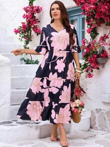 Miaspire Plus Size Navy Blue Floral Print Midi Dress For Women,Summer Boho Elegant Casual Vacation Holiday Outfits,Country Style Tea Party Mothers Day Dress - Multicolor - View 1