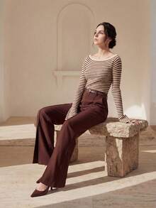 Anewsta Pantalones de pierna acampanada con diseño de abertura frontal para mujer, pantalones elegantes y versátiles de longitud completa - Café integral - Ver 4