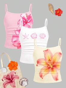 Bộ áo hai dây 3 món tối giản dành cho bé gái tuổi teen, màu nâu macaron thanh lịch cổ điển, họa tiết hoa nhiệt đới, hoa dâm bụt, hoa sứ, hoa ly, phong cách Millennium, Chill Chill, phong cách đường phố, thể thao thường ngày, dã ngoại ngoài trời, dạo chơi, phong cách đường phố, ở nhà, trường học, Chill Chill - Nhiều màu - Xem 3