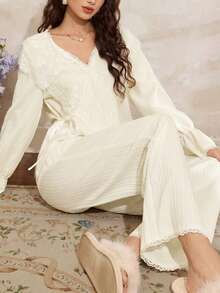 Côtesoire Women's Elegant Romantic Lace Ruffle Tie-Up Comfortable Casual White Pajama Set - Yellow - View 1