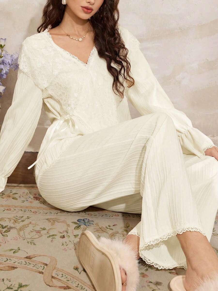 Côtesoire Women's Elegant Romantic Lace Ruffle Tie-Up Comfortable Casual White Pajama Set - Yellow - View 1