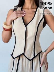 Firerie Women's Elegant Commuter Fitted Contrast Trim Waist 100% Cotton Shirt - Apricot - View 7