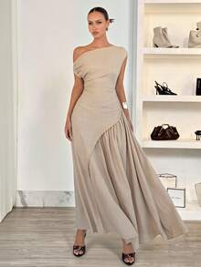 Siren Gaze 女士纯色不对称无袖修身褶皱连衣裙 - 杏色 - 查看 7