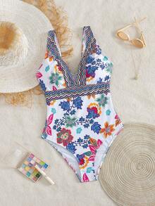 Swim Lushoire 女士夏季随机花卉条纹高饱和度印花连体泳衣 - 彩色 - 查看 3