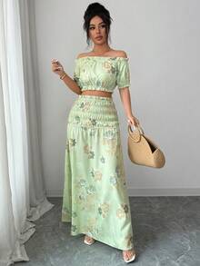 Elenzga Women's Off-Shoulder Cropped Top With Floral Embroidery Print, Suitable For Beach Vacation And Travel, 2-Piece Set, Spring/Summer - Green - View 3