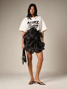 AiiRZ 女士黑色缎面欧根纱花朵多穿式上衣或迷你裙，荷叶边下摆，系带腰身，适合晚宴派对，优雅短款，充满女性魅力 - 黑色 - 查看 8