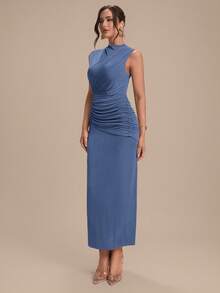Modelyn High-Neck, Sleeveless, Pleated, Versatile And Elegant Vacation/Party Dress - Blue - View 3