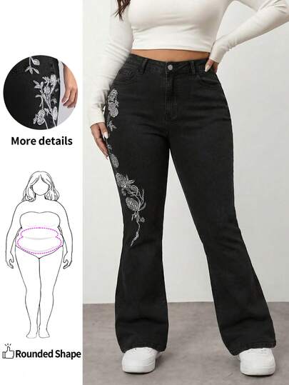 Enliva Jeans acampanados de talle alto con bolsillos y bordados para mujer de talla grande