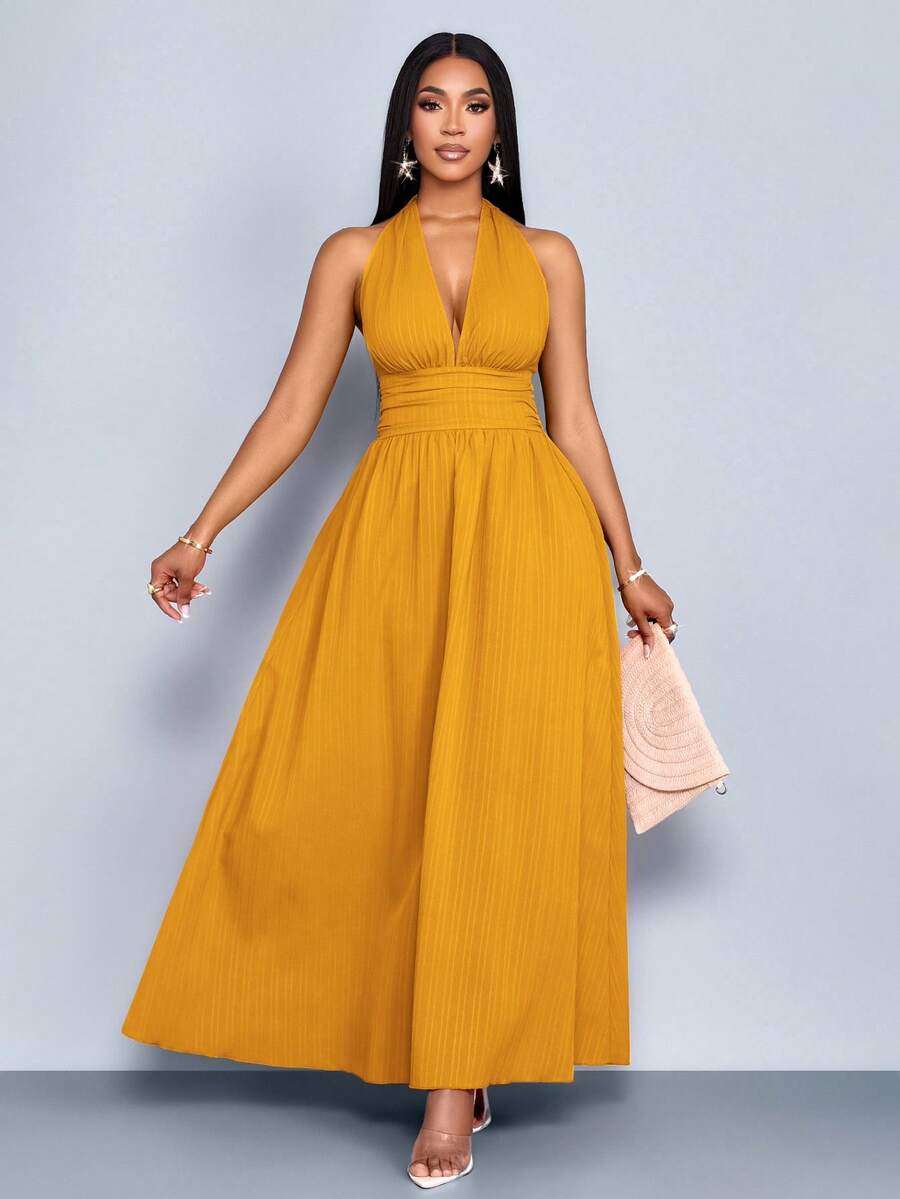 SOLERSUN Đầm dài chữ A hở lưng xếp ly cổ chữ V lãng mạn màu cam thanh lịch dành cho nữ đi nghỉ ở bãi biển mùa xuân hè tại Hawaii - Màu vàng - Xem 1