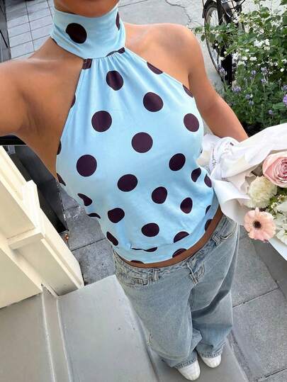 Muchica Women's Casual Blue Halter Tank Top With Random Brown Polka Dot Print Cold Shoulder And Asymmetrical Hem