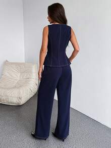 SHEIN PETITE 女款優雅海軍藍兩件套，辦公室單排扣背心與寬腿褲，秋季仿丹寧無袖荷葉邊上衣套裝，經典職場穿搭，適合嬌小女性 - 藏蓝色 - 查看 3