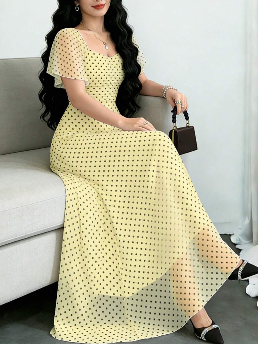 Modelyn Đầm dài nữ tối giản, họa tiết chấm bi, cổ vuông, tay ngắn, kiểu dáng thời trang, ôm eo, thích hợp cho kỳ nghỉ hè và mặc hàng ngày. - Nhiều màu - Xem 1