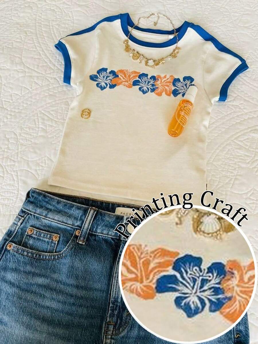 Glimmora Women's Contrast Trim Floral Print Round Neck Short Sleeve T-Shirt - White - View 1