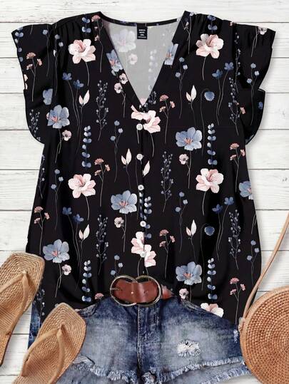 Rusticease Women's Casual Floral Pattern V-Neck Blouse, Suitable For Summer Floral Blouse Women Black Floral Blouse,Fall Clothes For Women Chic Blouses For Women,Casual