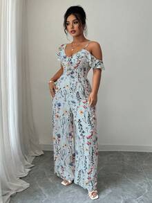 Selianne Women's Plus Size Floral Print Off-Shoulder Ruffle Jumpsuit,Light Blue Summer Boho Tea Party Wide Leg Spaghetti Strap Casual Romper Outfit - Blue - View 8